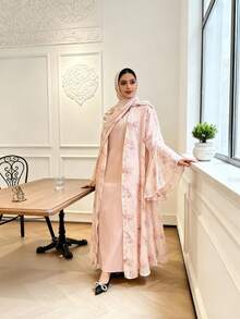 两件套优雅休闲雪纺花卉喇叭袖长袍开衫，适合度假、休闲、派对等场合。 - 粉色 - 查看 3