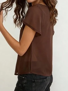 Women's Summer Sheer Tie-Front Short Sleeve Top With Adjustable Front Ties, Ruffle Trim And Lightweight Transparent Fabric, Flowy Silhouette, Breathable Layering Piece For Party, Date Night, Beach-Cover-Up And  European American Streetwear - 棕色 - 查看 2