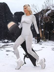 无缝保暖滑雪内衣套装 - 长袖衬衫和裤子 - 淺灰色 - 查看 2