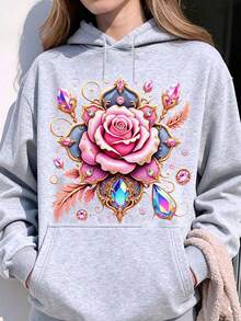 Crystal Rose Floral Design Hoodie Women Fashion Graphic Sweatshirt Casual Wear Gift For Valentine's Day Birthday Celebration - Grey - View 1
