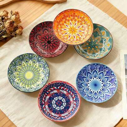 6 pezzi Set di piatti in stile bohémien, diametro 14,5 cm, con design floreale, adatti per microonde e forno, ideali per servire frutta, sushi, spuntino, antipasti, con colori e motivi vivaci, ottimi per la decorazione di cucina e sala da pranzo
