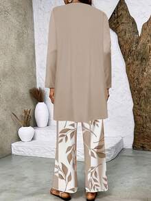 3 pièces/Set Pantalon ample imprimé à jambes larges pour femmes grandes tailles, Cardigan à manches longues et Débardeur, Convient pour la plage, les déplacements, l'automne/l'hiver - Kaki - Voir 3