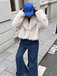 DEEKA 秋冬新款加厚仿狐狸毛领时尚短外套，人造毛皮效果，青春优雅度假风 - 米色 - 查看 2