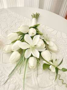 باقات زفاف للعروس والوصيفات، زهور الكلا الليلي البيضاء الاصطناعية باقات العروس للحفل الكنسي وديكور المنزل، أدوات زفاف للصور، ديكورات حفلات الخطوبة والزفاف وعيد الحب - الأبيض أ - مشاهدة 10
