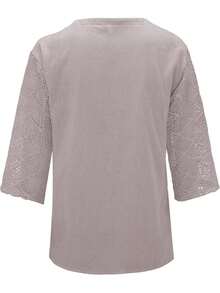 Women's Elegant Lace Patchwork U-Neck Blouse, 3/4 Sleeve Casual Top With Delicate Lace Trim, Soft Lightweight Chic Shirt For Office, Date & Daily Wear - 灰色 - 查看 3