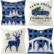 Fundas de Almohada de Navidad Juego de 4 Piezas, 18 x 18 Pulgadas Azul Impreso Árbol de Navidad Alce Sofá Funda de cojín, Decoraciones de Navidad Fundas de Almohada de Lino(default) - Multicolor - Ver 1