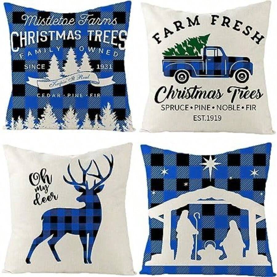 Fundas de Almohada de Navidad Juego de 4 Piezas, 18 x 18 Pulgadas Azul Impreso Árbol de Navidad Alce Sofá Funda de cojín, Decoraciones de Navidad Fundas de Almohada de Lino(default) - Multicolor - Ver 1