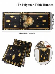 1pc Ramadan Kareem Table Runner, Black & Gold Moon Star Pattern, Suitable For Dining Table Decor, Ramadan Celebration, Tablecloth Decor, Eid Al-Fitr Celebration, Eid Al-Fitr Home Decor, Ramadan Decoration