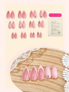 24pcs French Manicure Nail Stickers, Medium Almond Shape, Pink Tie Dye Decor, Gold Glitter Accent, Rhinestone Pointed Tip Design, Sweet Minimalist Style, Smooth Surface, Full Coverage Fake Nails, Suitable For Women And Girls Daily Wear - 淺粉色 - 查看 5