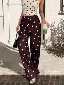 Women's Versatile Comfortable Polka Dot Zipper Long Pants, Straight Leg Y2K Style Trousers - Coffee Brown - View 4