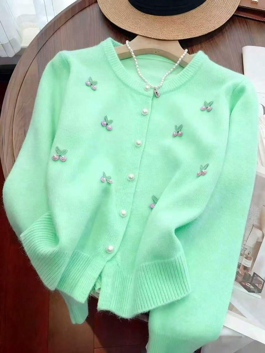Cute Embroidered Cherry & Pearl Knit Cardigan For Women, Versatile Design, Autumn/Winter - Mint Green - View 1