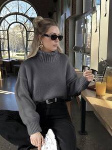 FOR BEAUTY Women's Autumn/Winter New High Neck Gray Simple Commuter Style Sweater, Fashionable Slim Fit, Elegant And Stylish, Ribbed Long Sleeve Casual Everyday Commute Relaxed Knit Pullover, Suitable For Carnival, New Year, Valentine's Day - Dark Grey - View 3