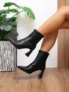 Giày bốt cao gót mũi vuông, cao đến bắp chân, kiểu Pháp cổ ngắn thanh mảnh, giày bốt thời trang đa năng, gót dày tối giản - màu đen - Xem 3
