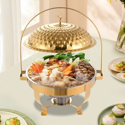 Gold Stainless Steel Fondue Set, 8.5QT Electric Hot Pot With Dual Dome Lids, Polished Modern Party Cookware For Countertop, 17.32 Inch Round Freestanding Food Warmer