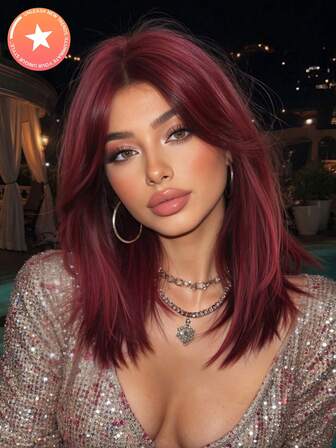 FIVE STARS 14 英寸优雅中长款勃艮第直发假发带刘海 - 玫瑰网帽，耐热合成纤维，女士假发，适合日常、派对、角色扮演、万圣节，热销