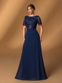 Faeriesty Elegante vestido formal de la madre de la novia con cuello redondo, manga corta, corte evasé y diseño bordado con flujo - Perfecto para recepciones de bodas, cenas formales, galas benéficas, grandes banquetes y recepciones de alto nivel - Azul Marino - Ver 7