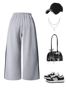 Young Girl Bow Embroidery Contrast Trim Elastic Waist Casual Loose Sports Pants - Grey - View 2