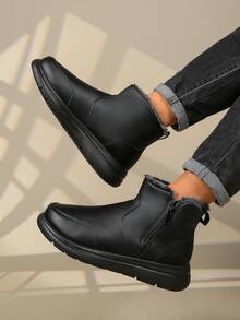 Men's Winter Snow Boots, Black Leather Zipper Short Boots, Casual Commuter Boots - Black - View 3