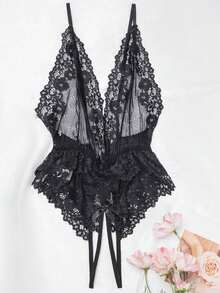 Sexy Lingerie Bodysuit, Floral Bodysuit, Women's Sexy Lingerie For Going Out - 黑色 - 查看 11