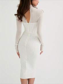 Double Layers Long Sleeve Mesh Bodycon Long Dress Women Elegant Cocktail Semi Formal Prom Wedding Guest Dress, For Birthday, Graduation, Dinner, Homecoming Party Dress - 白色 - 查看 7