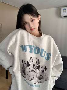 秋冬季新款 Z 时代时尚 Y2K 风女款圆领卫衣，可爱波点狗狗印花上衣 - 淺灰色 - 查看 3