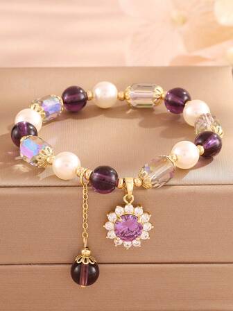 1pc Natural Freshwater Pearl & Amethyst Bracelet Women's Light Luxury Micro-Inlaid Sunflower Pendant Beaded Strand Bracelet, Best Friend Gift Valentines,Mom,Mother,Mother's Day,Gift