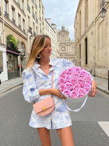 女士优雅休闲纽扣衬衫短裤套装，时尚印花两件套，适合海滩度假春季穿着 - 淺色水洗藍 - 查看 3