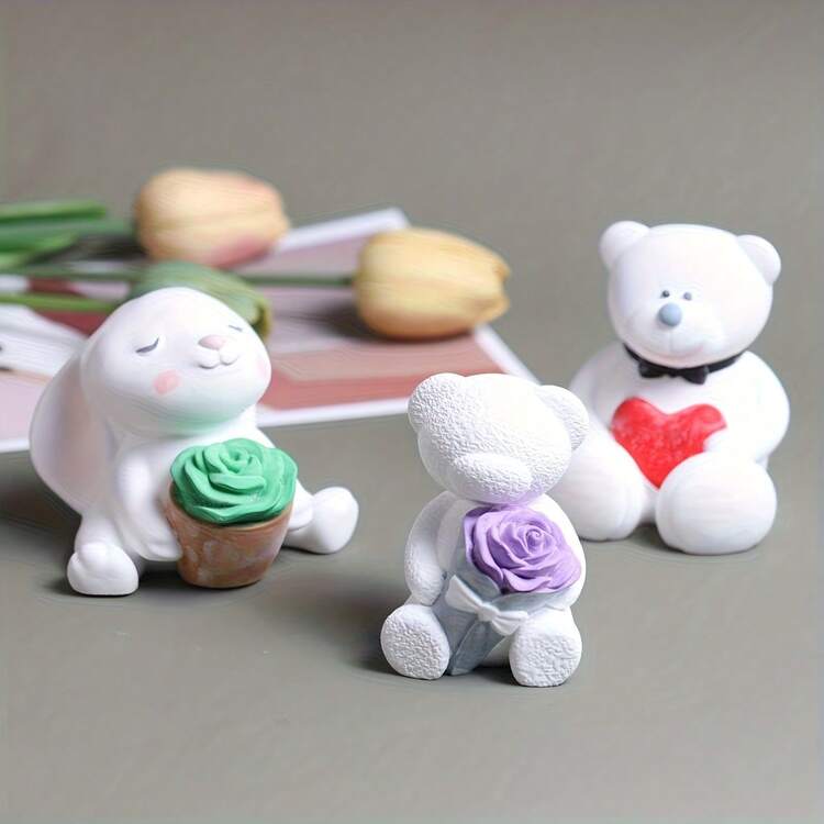 兔子花朵蜡烛模具，3D卡通DIY爱心熊翻糖蛋糕石膏装饰硅胶模具 - 白色 - 查看 2