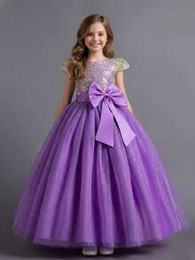 Girls Sequin Embroidered Bodice Tulle Ball Gown Dress With Glitter Skirt Short Sleeves And Big Bow Back Princess Flower Girl Dress For Wedding Birthday Pageant Formal Occasion - 紫丁香色 - 查看 1