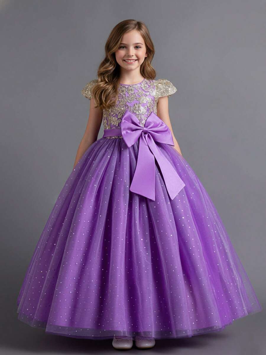 Girls Sequin Embroidered Bodice Tulle Ball Gown Dress With Glitter Skirt Short Sleeves And Big Bow Back Princess Flower Girl Dress For Wedding Birthday Pageant Formal Occasion - 紫丁香色 - 查看 1