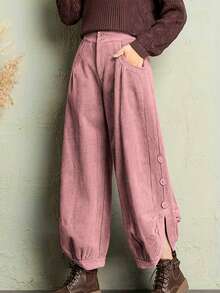 女士长裤，复古风格，灯芯绒纯色工装裤，适合日常穿着和办公场合，四季皆宜 - 粉色 - 查看 10