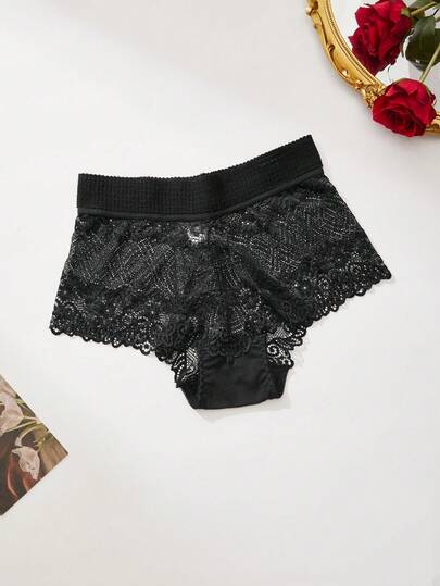 1pc Women's Panties, Black Casual Comfortable Romantic Style Black Briefs, Lace Patchwork Design, Black Lace Underwear, Suitable For All Seasons, Women's Briefs