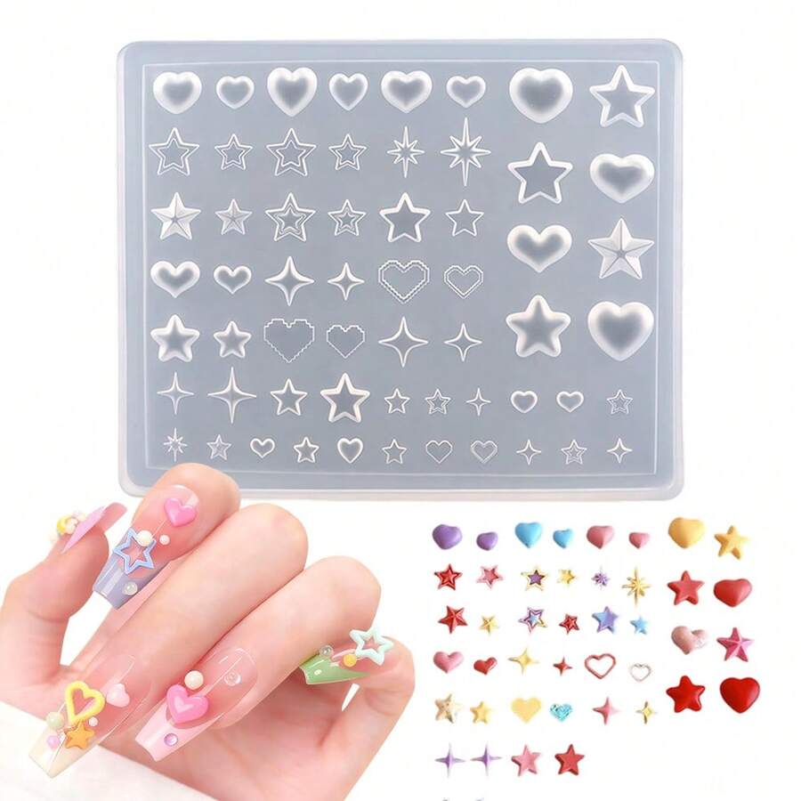 1个3D美甲硅胶打印模具，美甲工具，多功能美甲硅胶模具，五角星、心形和星形图案设计，适合日常美甲趣味图案装饰，打造精致美甲，理想礼物 - 彩色 - 查看 1