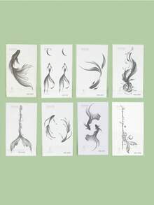 1 pieza Tatuaje temporal realista, diseño de sirena y pez dorado semi-permanente, resistente al agua y al sudor, dura 1-2 semanas, efecto de jugo de hierbas naturales, no reflectante, unisex, aplicable a brazos, pecho, piernas, abdomen, cintura, dedos, cuello, espalda, arte corporal moderno