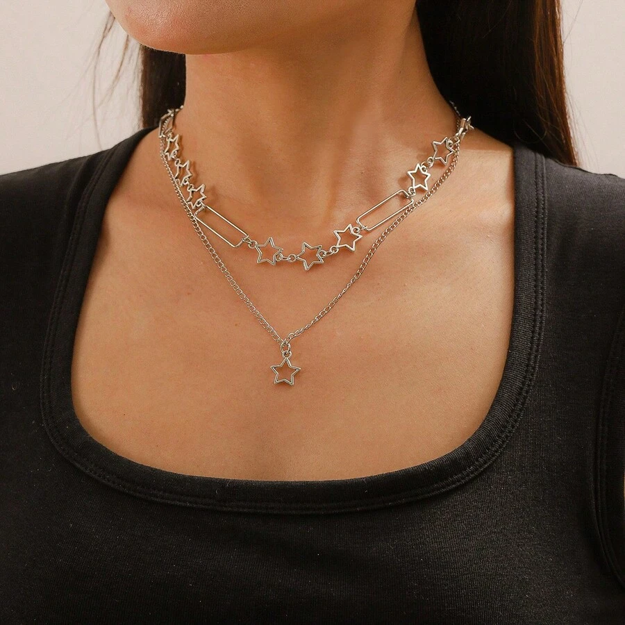 Fashion Double Layered Star Choker Necklace Punk Pentagram Silver Color Necklaces For Women Girls Jewelry Gift New - 銀色 - 查看 1