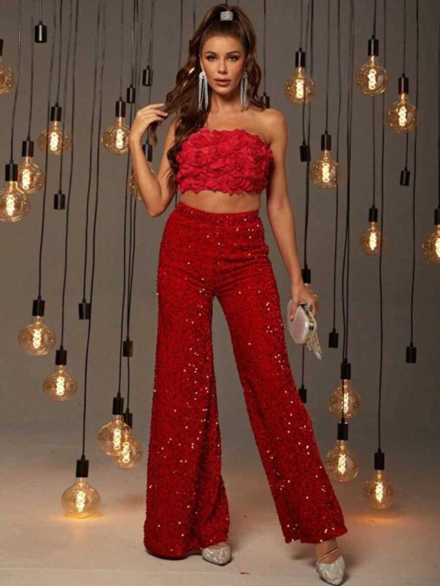 And Fashionable Women's Suit, One Neck Strapless, Applique Technique, Mid Waist Slimming Pants, Solid Color Sequins, Fashionable Casual Wide Leg Pants, Cocktail Party, Party, Christmas, Nightclub, Banquet, Film Festival, Cinema, Dance Party, Cocktail Party, Bar, Wedding, Graduation Ceremony, Back-To-School, Birthday Party, Rebellious Girl, Festival-Themed Party, Outwear, Street Fashion, Fashion Show, Date, Easter, Mother's Day, Going To Work At University, School, Village, Concert, Street Girl, Young Girl, Country Outfits For Women, Best Outwear For Women, Women's Vacation Clothing, Country Concert Outfit, Country Outfits For Women, Streetwear, Concert Outfit For Women, Boho Women's Clothing, Country Concert Outfit, Concert Outfits, Vaquera Outfit, Y2K Clothes, Women's Club Outfits, Y2K Women's Clothes, Women's Clothing, Country Concert Outfit For Women - 紅色 - 查看 1