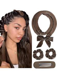 4pcs No-Heat Hair Curlers, Can Be Worn To Sleep Without Heating, Super Soft Ribbon Wrapped For Long Hair, Includes Hair Ties And Clips, Suitable For All Hair Types, Can Be Used Overnight. - Brown - View 11