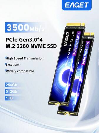 M.2 NVMe SSD 1T/512GB PCIe 3.0 X4 内置固态硬盘，读取速度高达 3500MB/s，2280 规格，适用于游戏笔记本电脑、台式机和超极本，高性能 SSD，可用于系统启动、4K 编辑和繁重工作负载。