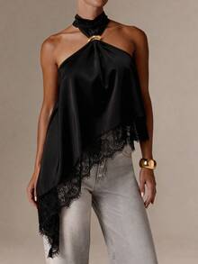 Women's Elegant Satin Blouse, Suitable For Commute, Casual, Vacation, Afternoon Tea, Music Festival, Romantic Occasions. Features Metal Button Design, Solid Color, Asymmetric/Asymmetric Lace Patchwork Design, Suitable For Spring/Summer Black - Black - View 3