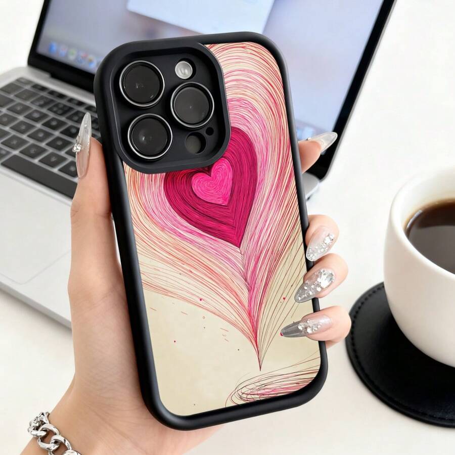 Cubierta de telefono con borde negro diseño de corazon rosa y estampado abstracto para uso diario y trabajo - Blanco - Ver 1
