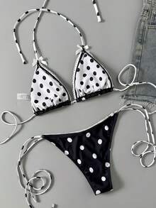 女士黑白波点印花性感露背蝴蝶结比基尼套装，适合夏季假期海滩、派对、下午茶等场合 - 黑色 - 查看 3
