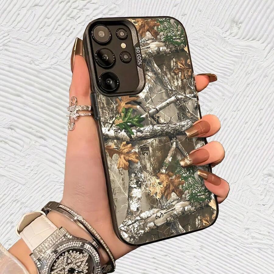 Fondo de camuflaje de árboles con hojas Impresión UV para iPhone 11/12/13/14/15/16 Plus/17 Pro Max (Regalos de Navidad seleccionados, regalos por el Día Nacional, regalos por el Día de la Independencia, regalos de San Valentín, regalos de cumplea - Negro transparente - Ver 1