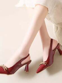 2025 New Pointed Toe High Heel Pumps, Backless, Lacquer Leather, Versatile, Spring/Autumn - Burgundy Chain - View 2