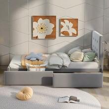 Upholstered Bed 90 X 200 Cm, Slatted Bed With Headboard And Two Drawers, Soft Velvet Fabric, Beige Single Bed, Children's Bed, Junior Bed, Guest Bed (Without Mattress) - Grey - View 5