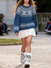 秋冬女装时尚优雅简约日常撞色费尔岛元素图腾几何图案小设计插肩长袖圆领毛衣，女士图案毛衣，波点上衣，女士休闲套头毛衣，优雅女士套头毛衣，女士感恩节毛衣，圣诞节套头毛衣，女士万圣节服装，女士秋冬女装，女士冬季毛衣 - 藍白色 - 查看 2