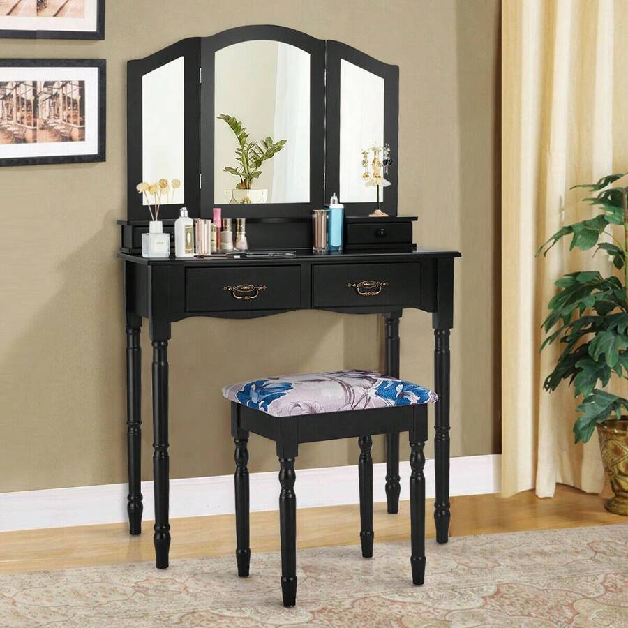 Lifezeal Black Tri Folding Mirror Vanity Makeup Table Stool 4 Drawers - màu đen - Xem 1