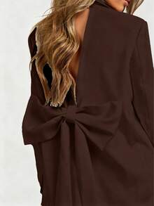 女士休闲连衣裙，黑色宽松优雅派对连衣裙，露背蝴蝶结设计，轻盈鸡尾酒裙 - 咖啡棕 - 查看 4