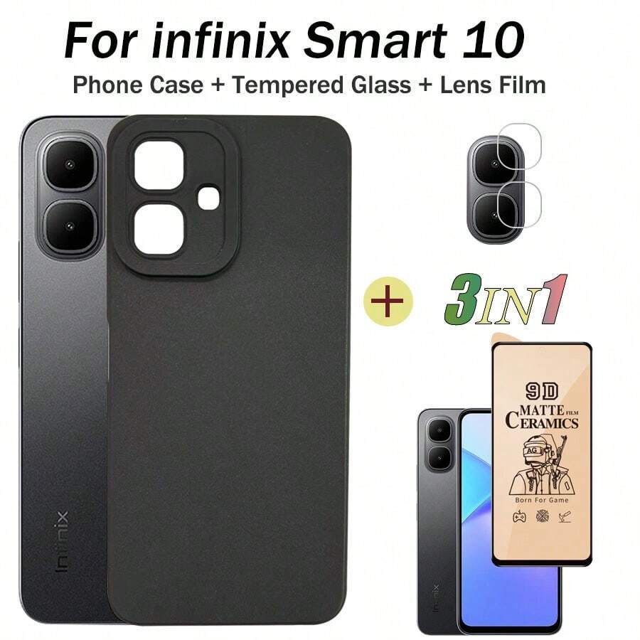 Ốp lưng 3 trong 1 chống sốc cho điện thoại Infinix Smart 10: Kính cường lực mềm + Màng bảo vệ gốm + Màng bảo vệ ống kính, Phụ kiện bảo vệ màn hình thiết yếu, Thích hợp sử dụng hàng ngày, văn phòng, nhà. Bảo vệ màn hình điện thoại, phụ kiện điện thoại, chống thấm nước, chống rơi vỡ và chống trầy xước. - màu đen - Xem 1
