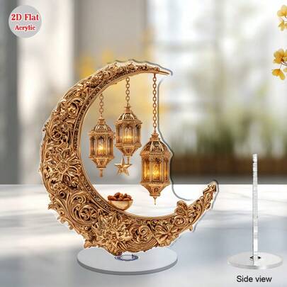1pc Bohemia Crescent Moon Lantern 2D Flat, Rotating Acrylic Crystal Tabletop Ornament, Islamic Holiday Decoration Suitable For Room Decoration, Suitable For Holiday Gifts For Family And Friends