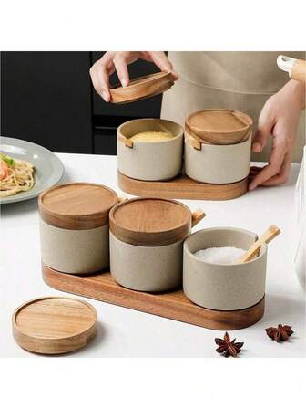 1/2/3 st keramiska kryddburkar - kryddbehållare med lock, skedar och brickor - förvaringsset för salt och socker i köket - snygga och praktiska bänktillbehör för hemmakök och kaféer för att förvara salt, socker och kryddor